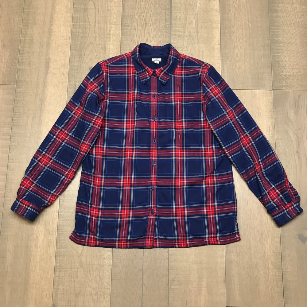 L.L. Bean Shirt Shacket Womens Size M Blue Red Plaid Button Up Fleece Lined Cozy